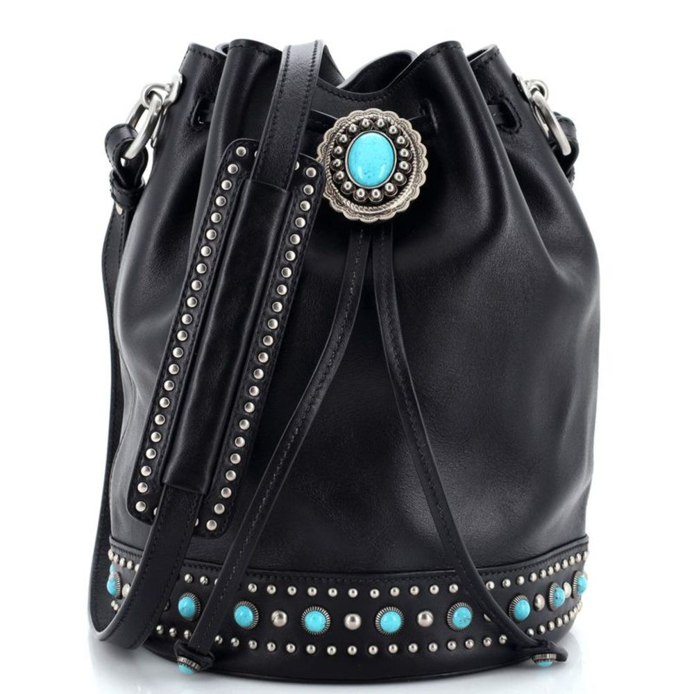 Black Leather Bucket Bag with Turquoise Stud Accents